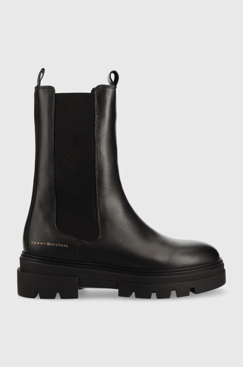 Tommy Hilfiger ghete chelsea de piele Monochromatic Chelsea Boot femei, culoarea negru, cu toc plat