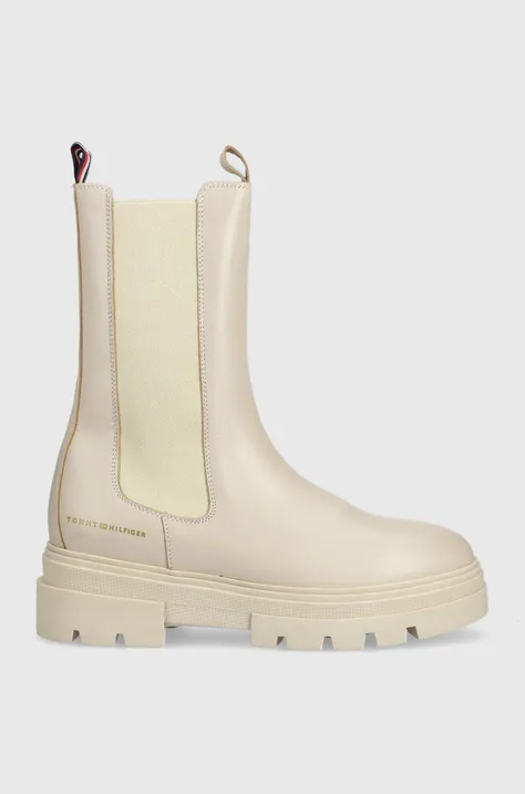 Tommy Hilfiger sztyblety skórzane Monochromatic Chelsea Boot damskie kolor beżowy na platformie