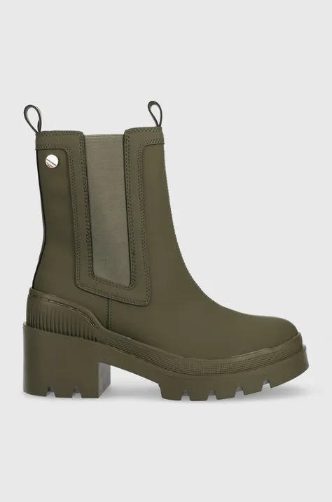 Tommy Hilfiger cizme Heeled Chelsey Boot Bio femei, culoarea verde, cu toc drept