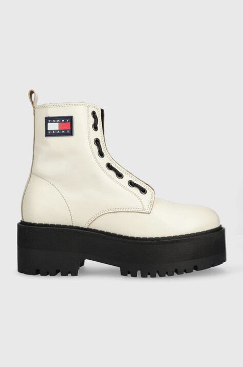 Kožne gležnjače Tommy Jeans Tamy Higher 3A - Zip Up za žene, boja: bež, s platformom