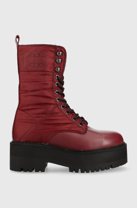 Tommy Jeans bocanci Tommy Jeans Flatform Padded Boot femei, culoarea bordo, cu platforma