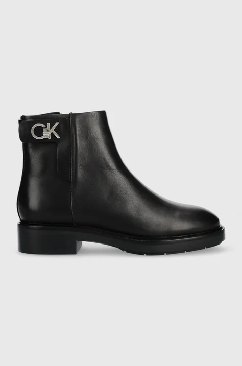 Кожаные полусапожки Calvin Klein Rubber Sole Ankle Boot женские цвет чёрный на плоском ходу