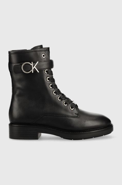 Кожени боти Calvin Klein Rubber Sole Combat Boot в черно с равна подметка