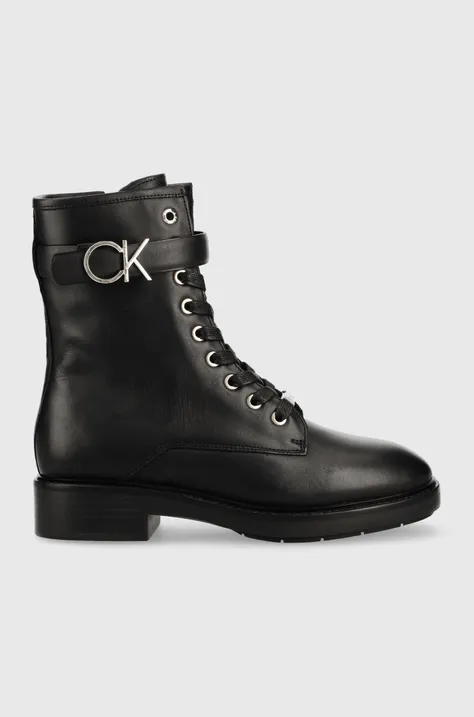 Calvin Klein bőr csizma Rubber Sole Combat Boot fekete, női, lapos talpú