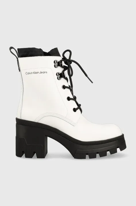 Δερμάτινες μπότες Calvin Klein Jeans Chunky Heeled Boot Laceup γυναικεία, χρώμα: άσπρο