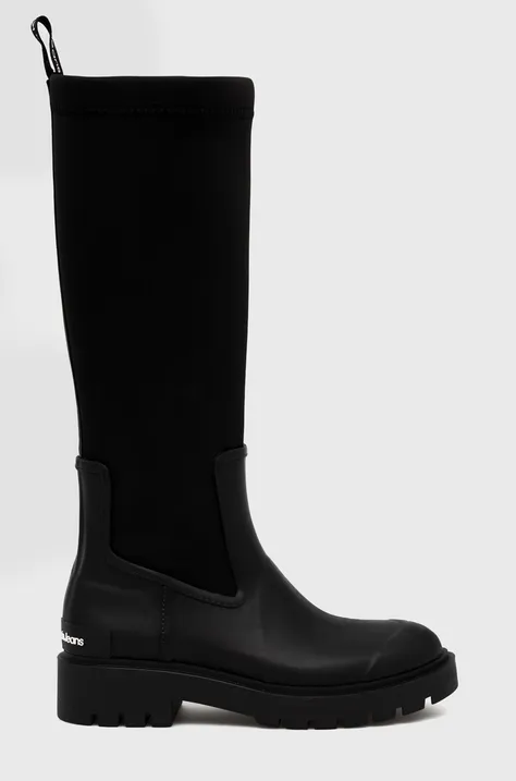 Чоботи Calvin Klein Jeans High Rainboot Neoprene жіночі колір чорний на плоскому ходу