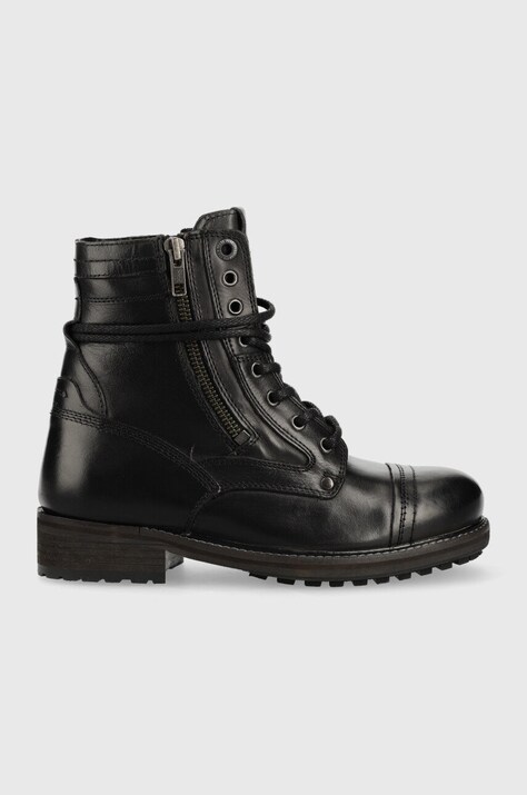 Pepe Jeans cizme de piele Melting Combat Warm W femei, culoarea negru, cu toc plat