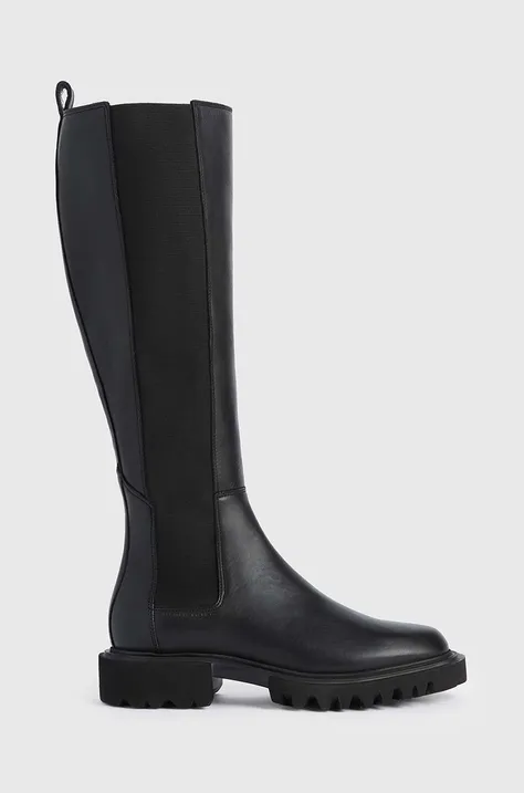 Usnjeni elegantni škornji AllSaints Maeve ženski, črna barva