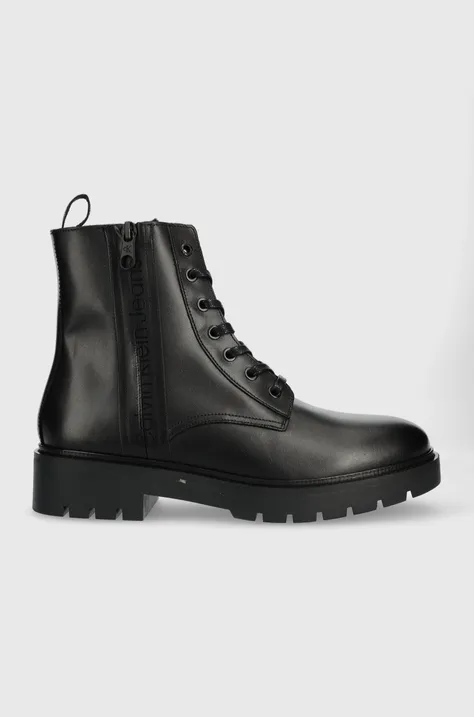 Δερμάτινες μπότες Calvin Klein Jeans Combat Mid Laceup Boot W Zip χρώμα: μαύρο