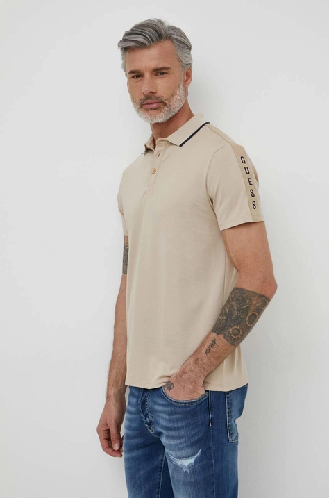 Guess tricou polo barbati, culoarea bej, cu imprimeu