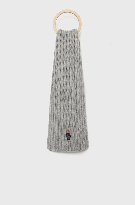 Шарф з домішкою вовни Polo Ralph Lauren колір сірий з аплікацією