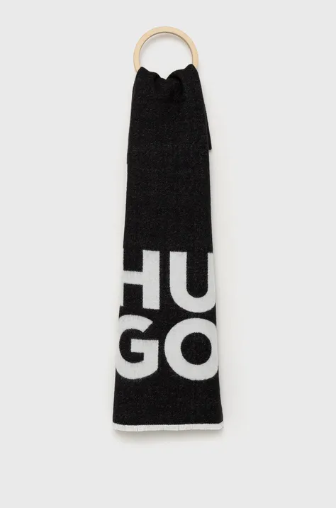 Шерстяной шарф HUGO цвет чёрный с принтом