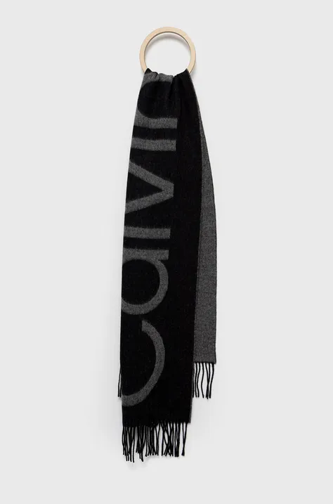 Calvin Klein szalik wełniany kolor czarny wzorzysty