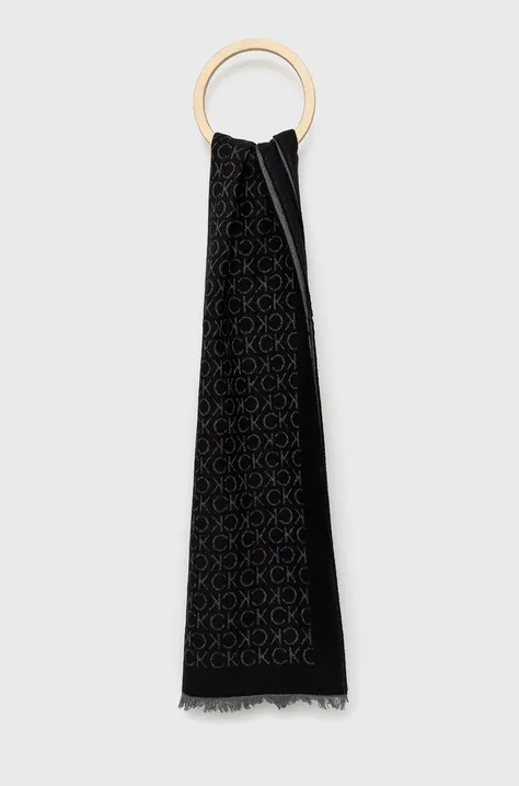Vlnený šál Calvin Klein čierna farba, vzorovaný