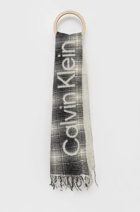 Vlnený šál Calvin Klein čierna farba, vzorovaný