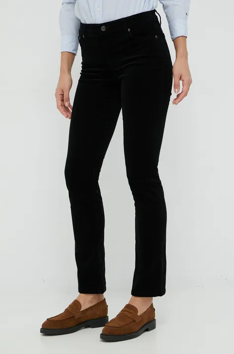 Manšestrové nohavice Lauren Ralph Lauren dámske, čierna farba, rovné, stredne vysoký pás