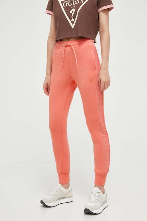 Guess pantaloni de trening culoarea portocaliu, cu imprimeu