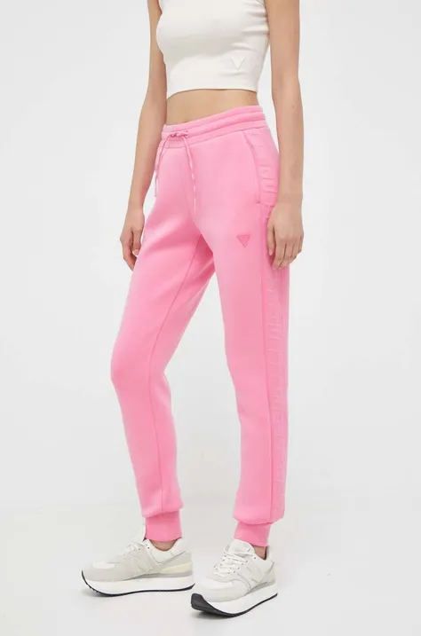 Guess pantaloni de trening femei, culoarea roz, cu imprimeu