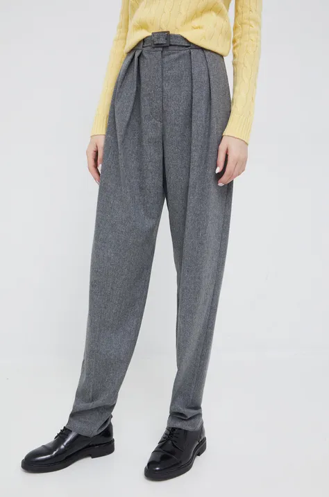 Vlnené nohavice Emporio Armani dámske, šedá farba, strih chinos, vysoký pás