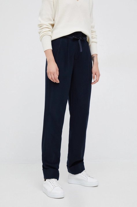 Emporio Armani pantaloni de lana femei, culoarea albastru marin, drept, high waist