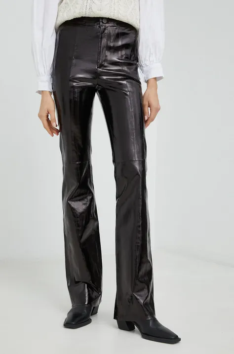 Kožne hlače Gestuz Gocha za žene, boja: crna, trapez, visoki struk