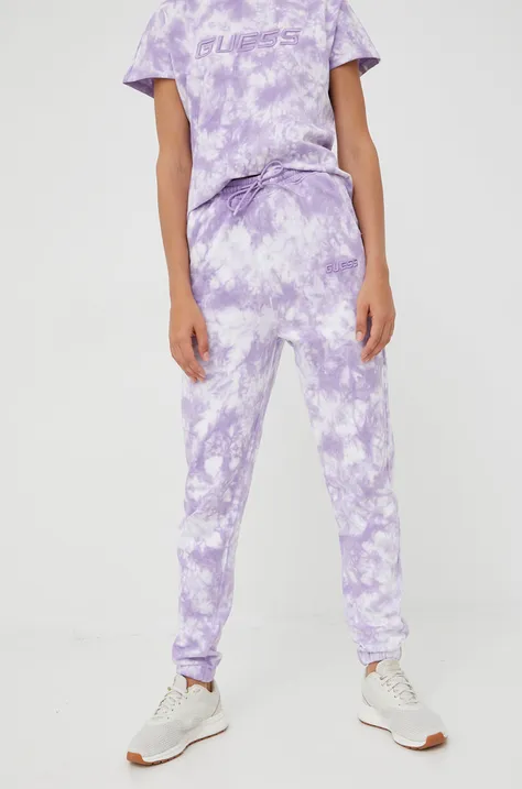 Хлопковые спортивные штаны Guess женские цвет фиолетовый с узором