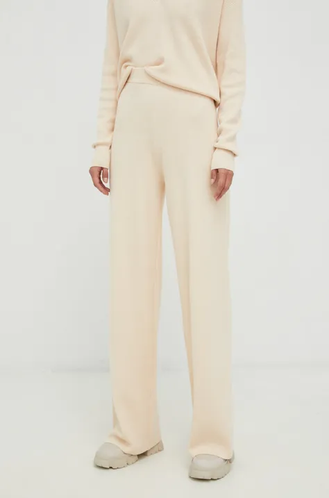 Hlače s primjesom vune Calvin Klein za žene, boja: bež, ravni kroj, visoki struk