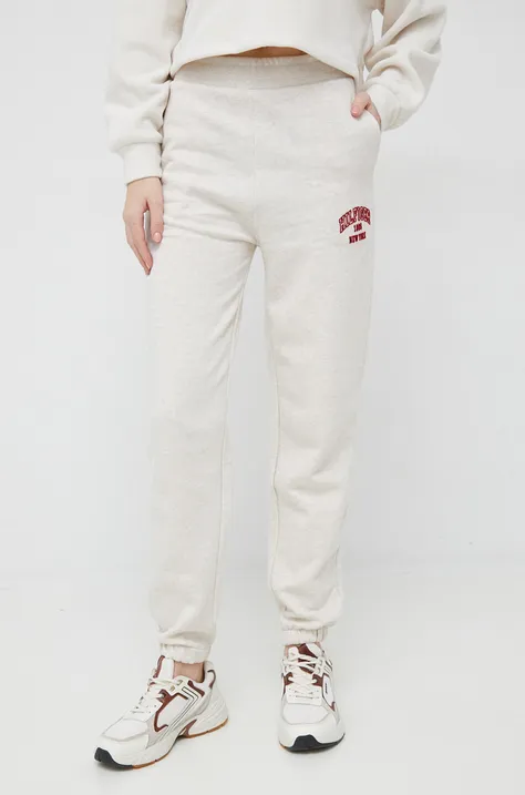 Tommy Hilfiger pantaloni de trening din bumbac femei, culoarea bej, melanj