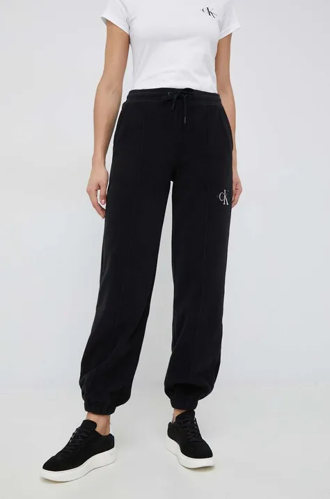 Calvin Klein Jeans pantaloni de trening femei, culoarea negru, cu imprimeu