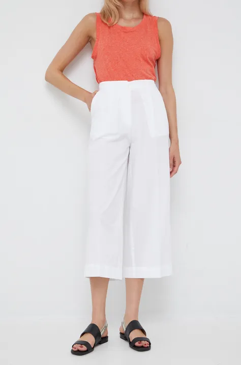 Памучен панталон Sisley в бяло с широка каройка, с висока талия