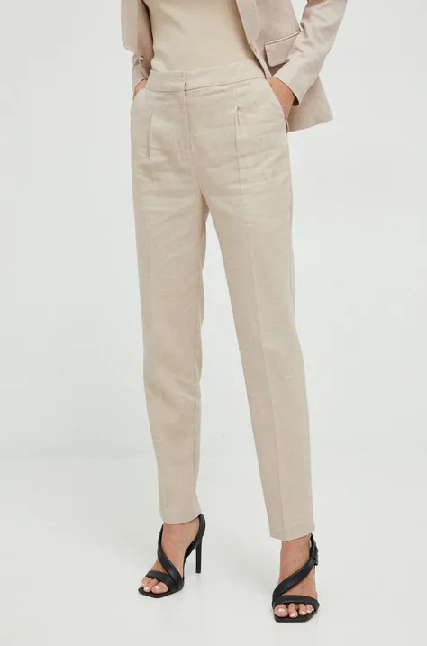 Morgan spodnie z domieszką lnu damskie kolor beżowy proste high waist