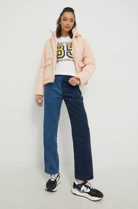 Brixton pantaloni de catifea cord femei, culoarea albastru marin, drept, high waist