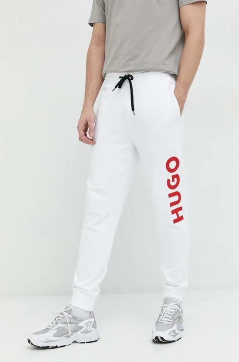 HUGO spodnie dresowe bawełniane męskie kolor biały z nadrukiem