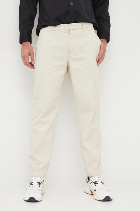 Emporio Armani pantaloni de bumbac barbati, culoarea bej, drept