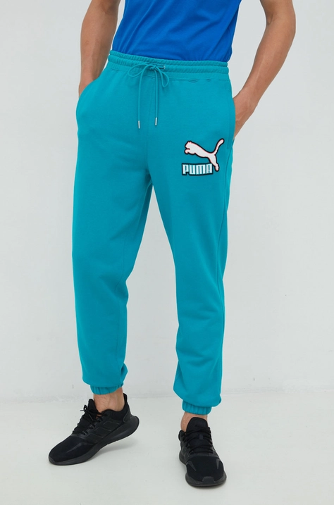 Puma pantaloni de trening din bumbac barbati, culoarea turcoaz, cu imprimeu