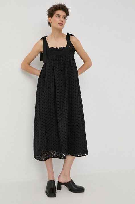 Bruuns Bazaar rochie din bumbac culoarea negru, midi, evazată