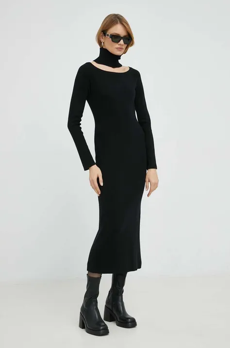 Twinset sukienka z domieszką wełny kolor czarny midi dopasowana