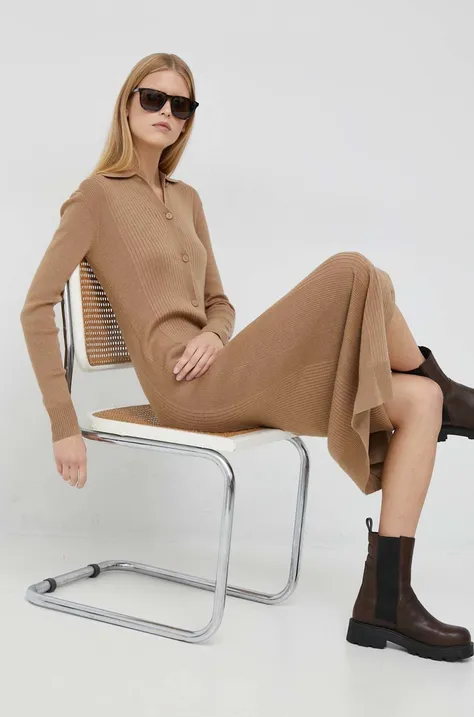 Calvin Klein rochie din amestec de lana culoarea bej, maxi, mulata