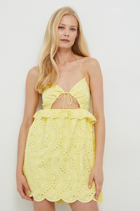 For Love & Lemons rochie culoarea galben, mini, evazată