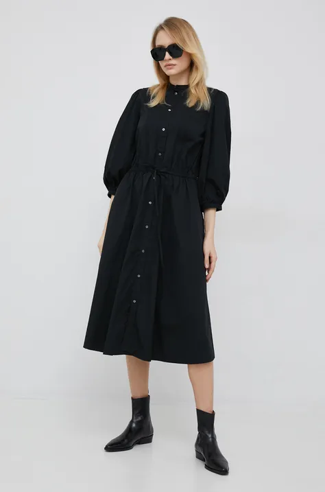 Pamučna haljina Polo Ralph Lauren boja: crna, midi, širi se prema dolje