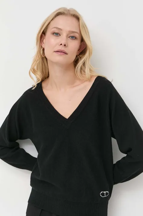 Twinset sweter wełniany damski kolor czarny lekki