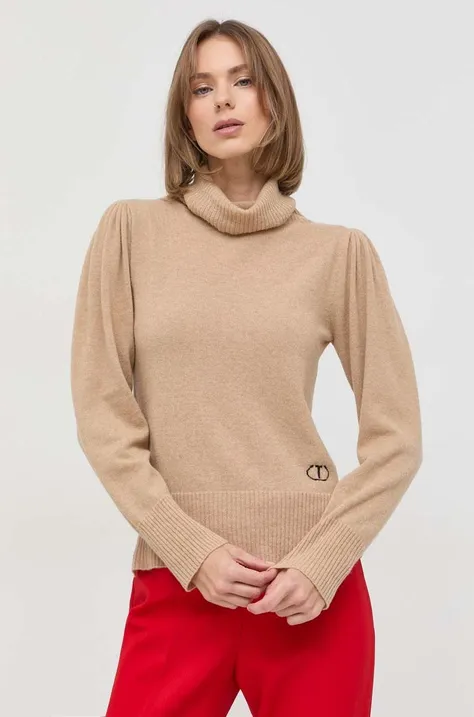 Vuneni pulover Twinset za žene, boja: bež, lagani, s dolčevitom
