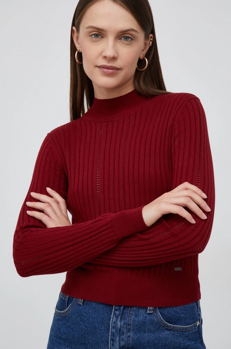 Pepe Jeans pulover femei, culoarea bordo, light, cu turtleneck