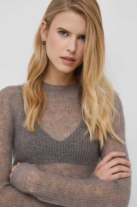 Calvin Klein sweter wełniany damski kolor szary lekki z półgolfem