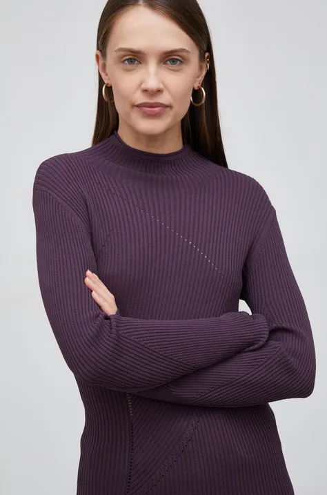 Sisley sweter damski kolor fioletowy lekki z półgolfem
