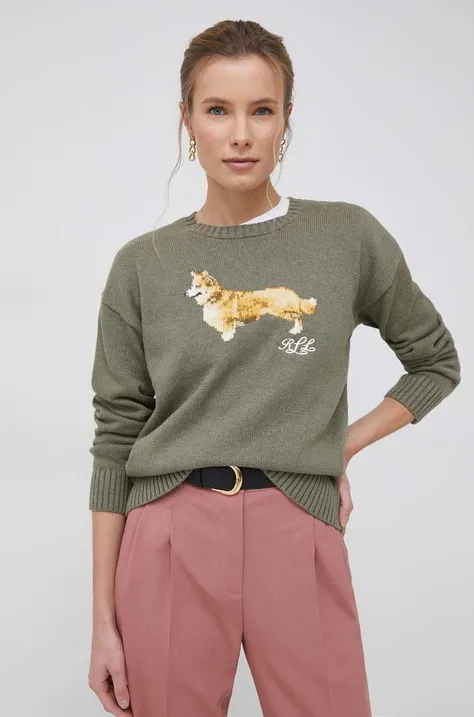 Bavlnený sveter Lauren Ralph Lauren dámsky, zelená farba