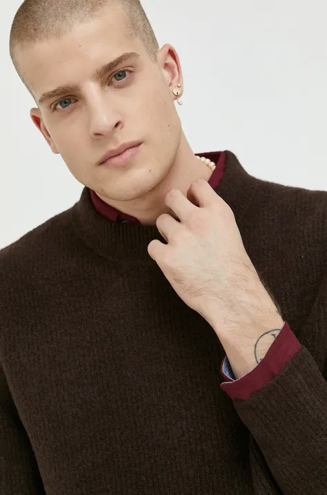 Premium by Jack&Jones sweter z domieszką wełny Raley męski kolor brązowy z półgolfem