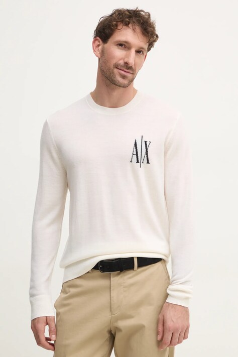 Armani Exchange pulover de lana barbati, culoarea bej, light