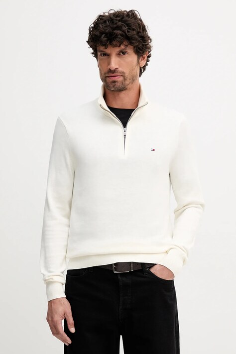 Tommy Hilfiger sweter z domieszką kaszmiru kolor beżowy lekki z półgolfem MW0MW28049