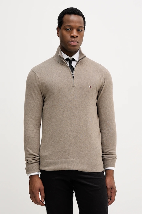 Tommy Hilfiger sweter z domieszką kaszmiru kolor brązowy lekki z półgolfem MW0MW28049